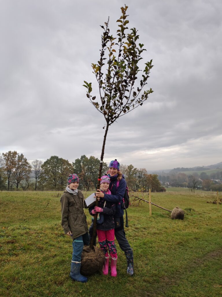 Maminka se svými dcerkami u vysázeného stromu