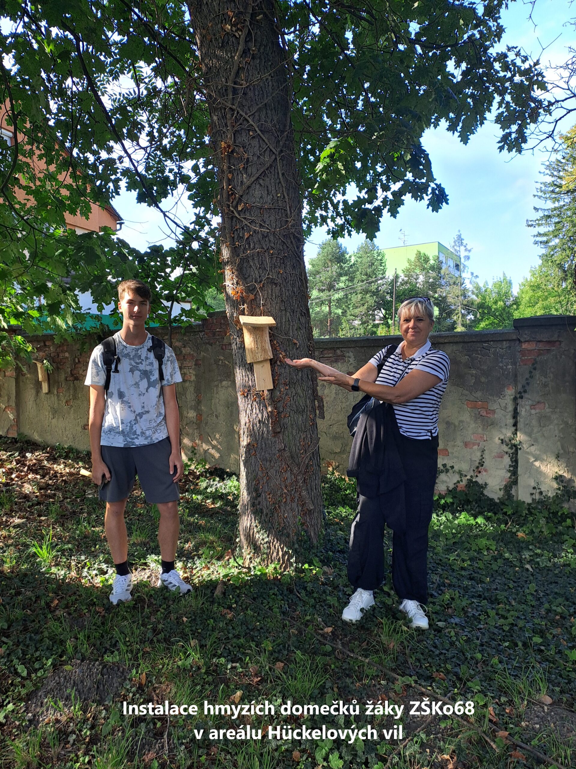 Instalace hmyzích domečků žáky ZŠKo68 v areálu Hückelových vil