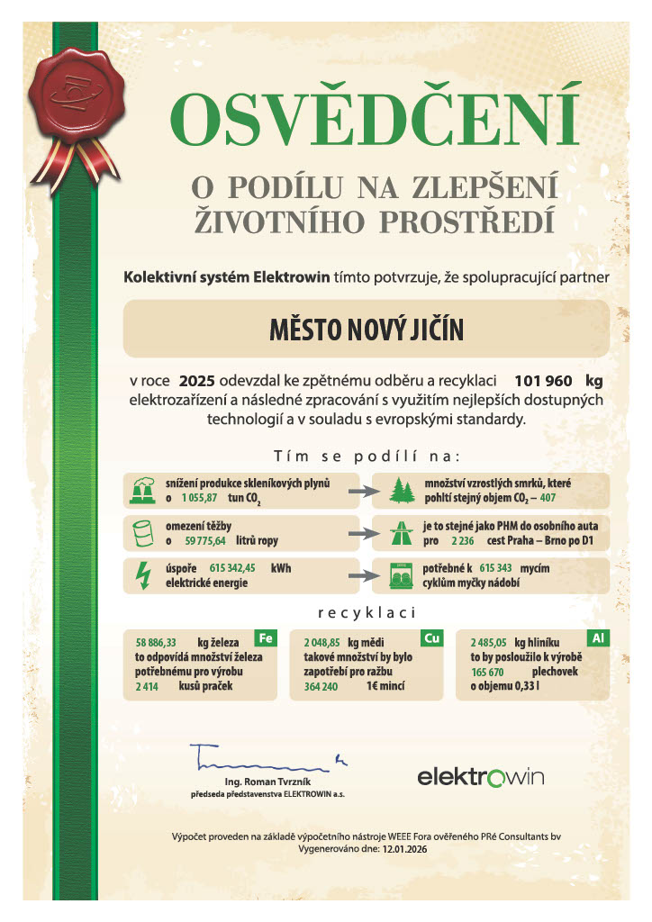 Certifikát s množstvím uspořených přírodních zdrojů sběrem elektrospotřebičů